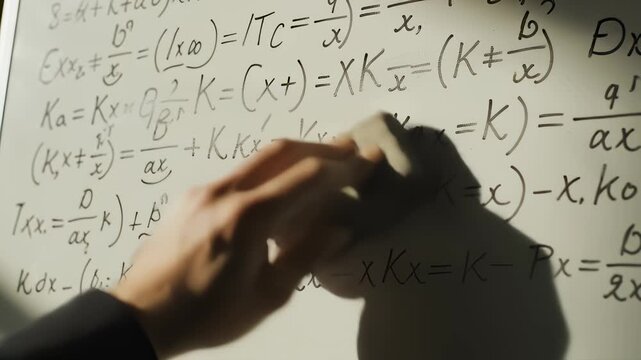 Hand Erasing Complex Math Equations From Whiteboard in Classroom