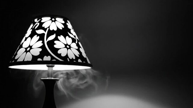 Black and white floral lampshade illuminated with smoke creating an eerie and mysterious ambiance in darkness