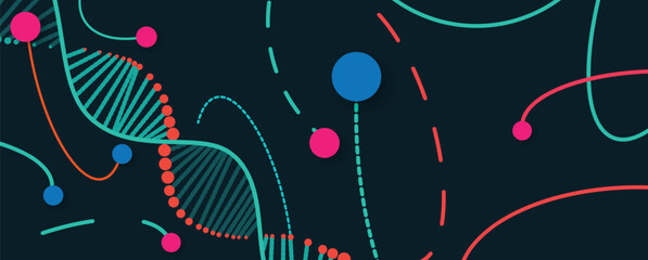 Futuristic scientific hexagons structure, DNA strands, connected neural web