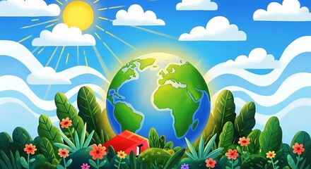 Naklejka premium Vibrant illustration of a green earth with a sunny sky and lush landscape