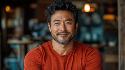 Obraz premium Studio portrait of confident overweight happy Asian man embodying body positivity and a positive attitude