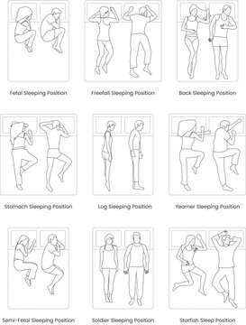 Sleeping Positions Vector Set, Men and Women, couples and individuals, fetal, freefall, back, stomach, log, yearner, soldier, starfish, customizable stroke