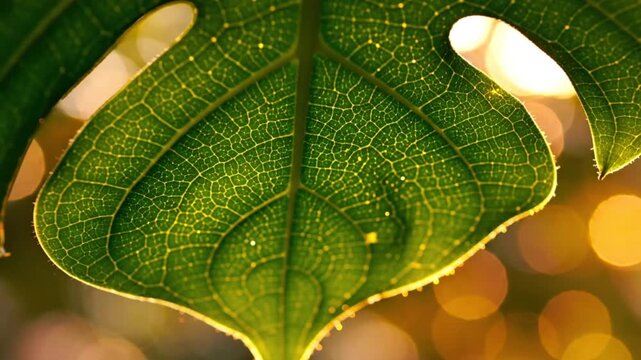 Close up view of translucent monstera leaf with sunlight shining through the detailed veins in nature