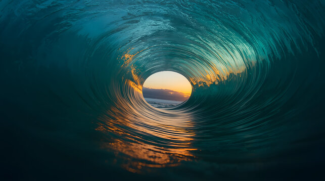 Inside ocean barrel wave sunset view