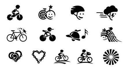 Obraz premium This exclusive set of twelve black vector logo-style icons presents fresh and symbolic kids cycling concepts through clean silhouettes and playful design. Featuring creative interpretations of child 