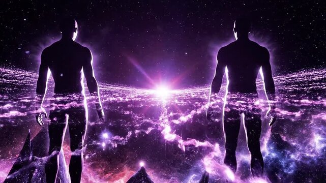 A futuristic illustration of two humanoid figures standing on a cosmic horizon with a vibrant purple and pink galaxy background and a bright light source