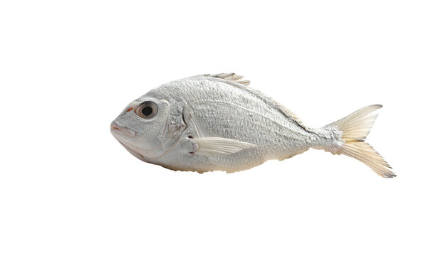 Isolated, laterally-posed, silvery fish with fins and scales against a black background