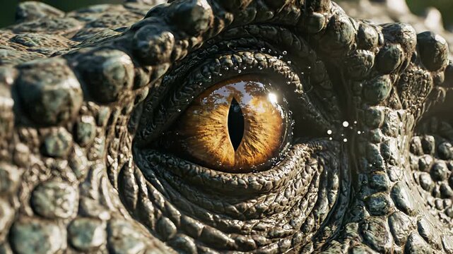 Dinosaur moves through lush prehistoric jungle, showcasing powerful strides and intricate details of scales, followed by a close-up of its striking eye reflecting the vibrant environment