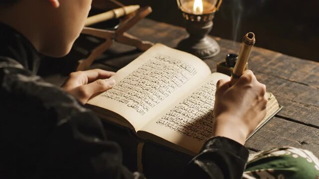 Atmospheric 4K Video of Muslim Man Studying the Quran and Ancient Islamic Texts by Oil Lamp Light during Ramadhan