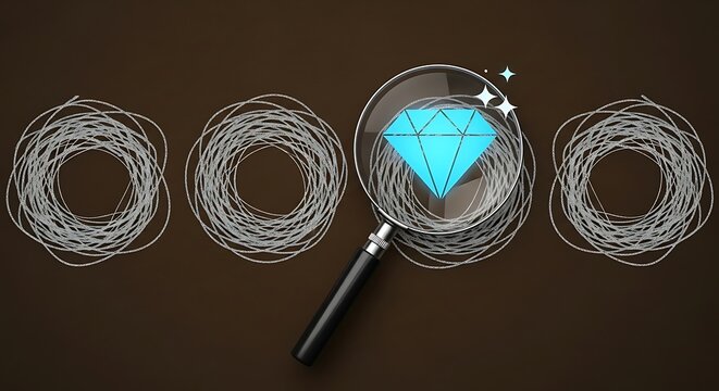 Magnifying glass finding a bright diamond jewel among tangled lines. Solution searching concept, finding success, unique idea, or hidden talent.