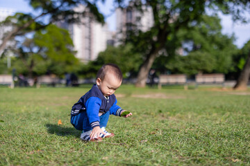 Little baby playing with branch on park grass