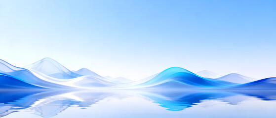 Abstract blue wave mountains with perfect reflections on calm water, set against a light sky. Stylized, modern landscape with fluid, serene aesthetic for design. 