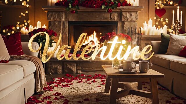 Golden "valentine" motion text animatedly celebrates romance in a warm, cinematic living room interior.