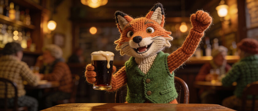 Adorable knitted fox in a cozy pub raising a pint of dark beer, celebrating St. Patricks Day. Charming stop-motion puppet for holiday fun.