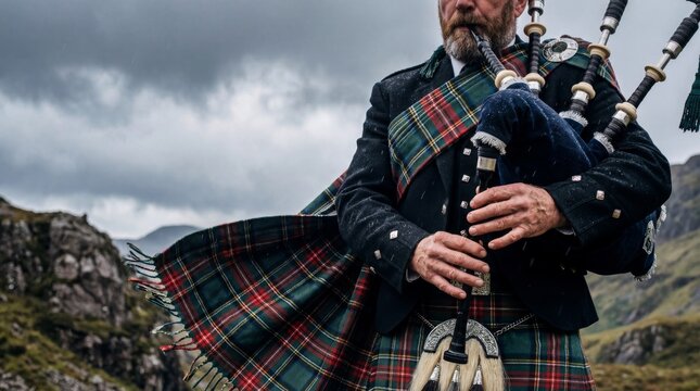 A bearded man in traditional Scottish Highland dress, including a tartan kilt and sash, plays the bagpipes amidst a rugged, misty mountain landscape under a dramatic, cloudy sky.