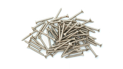 Top view of group of silver stainless steel wood screws isolated on white background.