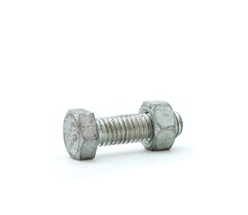 Galvanized hex bolt and nut isolated on white background.