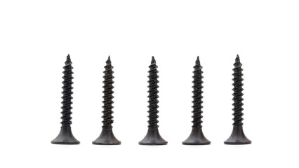 side view of group of Drywall  screws isolated on white background.