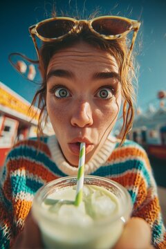 Mujer joven sorprendida bebiendo refresco con pajita, Estilo juvenil vibrante disfrutando de una bebida refrescante, Publicidad de bebida refrescante para verano con expresi&oacute;n divertida