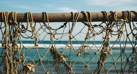 fishing nets in the harbor with the crashing waves