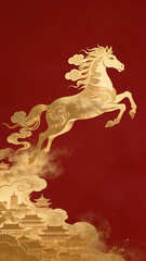 Illustrative golden horse with ornate patterns, leaping over traditional chinese buildings against a deep red background, symbolizing prosperity and good fortune.