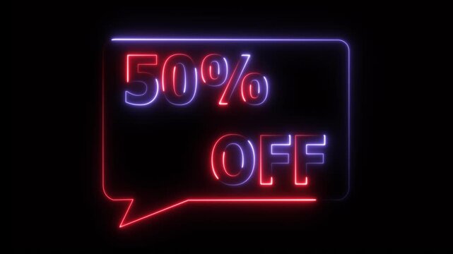 Neon 50 percent off sale sign glowing bright blue and red on black background for discount promotion and marketing campaign