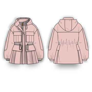 Pink Hooded Utility Parka Technical Flat Sketch, Drawstring Waist Vector Illustration