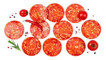 Sliced red cured meat with tomatoes, chili, peppercorns, and herbs on black