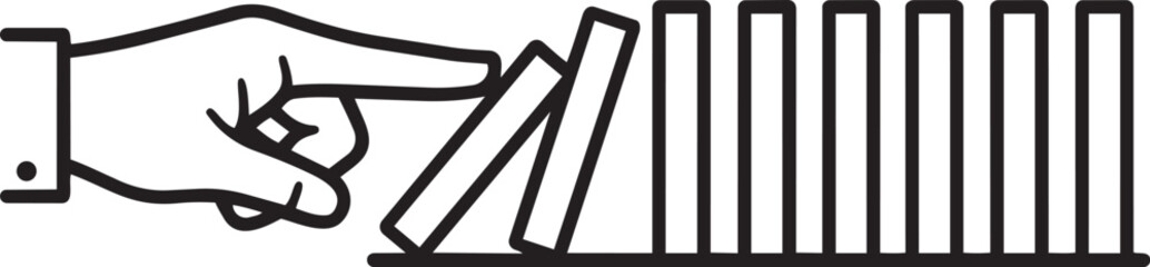 Hand pushing the first domino in a line, causing a chain reaction, symbolizing cause and effect or initiating a process.