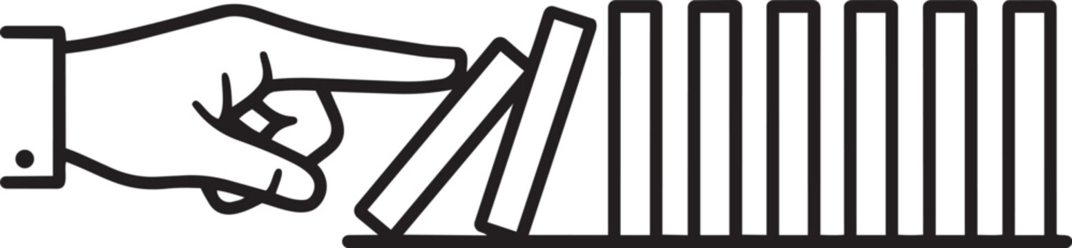Hand pushing the first domino in a line, causing a chain reaction, symbolizing cause and effect or initiating a process.