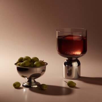 Taz&oacute;n met&aacute;lico con aceitunas y bebida elegante sobre mesa, Aperitivo premium con aceitunas y c&oacute;ctel estilo moderno, Publicidad de bar o restaurante de lujo con espacio para texto, verm&uacute;,​ vermut