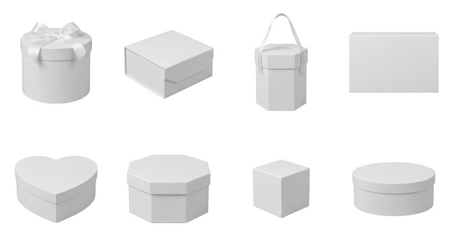 White gift box set including heart, round, square, hexagonal, and rectangular shapes isolated. Empty cardboard packaging collection for luxury retail and celebrations.