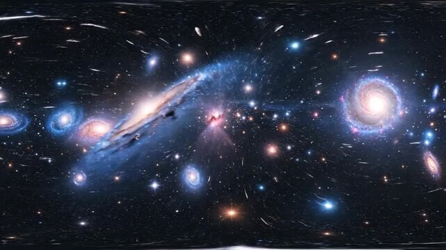 Panoramic view of a vibrant and colorful with swirling nebulas and distant stars.