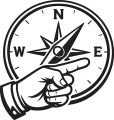 Hand pointing east on a compass, representing direction, guidance, strategy, and making a choice in a stylized graphic illustration.