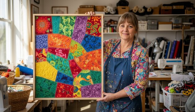 A female artisan stands in her organized studio, proudly holding up a vibrant, multicolored patchwork quilt framed as art.