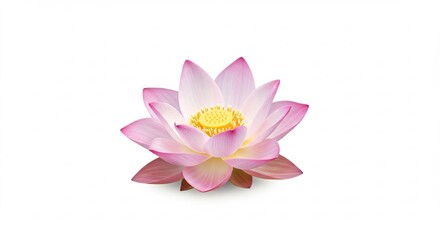 Fototapeta premium 柔らかく均一なスタジオ照明が白い背景に美しく当たる中ピンクと白の繊細な花びらを持つ美しい蓮の花が静かに咲き誇り見る人の心に深い安らぎと穏やかな癒しをもたらす. AI Generated