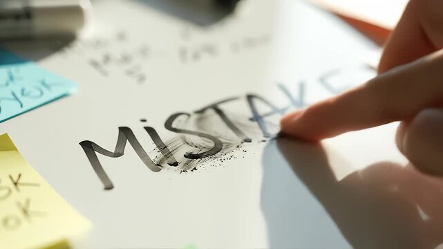 Hand Crosses Out the Word Mistake on Whiteboard With Marker