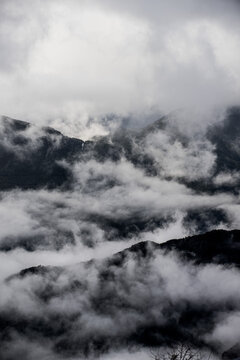 Snow-covered mountains and cloudy sky in the Pyrenees