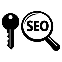 SEO key and magnifying glass icon, representing search engine optimization, keywords, and online marketing.