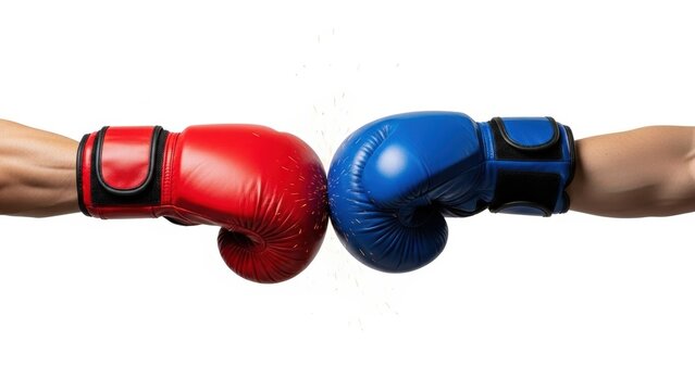 Red and blue boxing gloves facing each other isolated on white background symbolizing competition balance and rivalry
