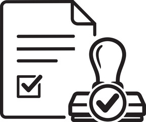 Document with checkmark and stamp icon, representing approval, verification, and completed tasks.