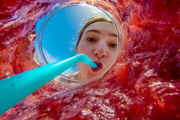 Chica tomando bebida roja con pajita azul dentro del vaso, Momento refrescante vibrante de verano con bebida premium, Fondo creativo para anuncio de bebida refrescante juvenil