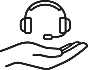 Hand holding headset with microphone icon, symbolizing customer support, call center, and assistance.