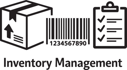 Inventory management icons: box, barcode, and checklist, representing logistics, supply chain, and stock control.