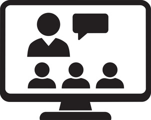 Video conference icon showing participants on a computer screen, representing online meetings and remote communication.