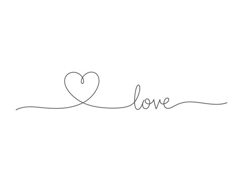 Continuous line drawing of the word 'love' connected to a heart shape, elegant and romantic