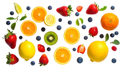Assorted fresh fruit slices and whole berries on a black background, flat lay