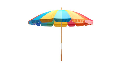 Obraz premium Colorful beach umbrella with wooden pole, vibrant segments, isolated on black background