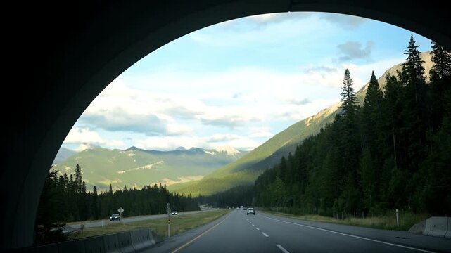 Driving under wildlife overpass near Banff National Park