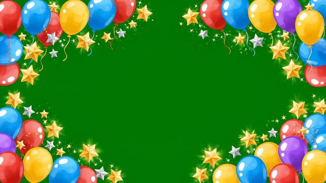 Isolated festive border frame featuring floating brightly colored generic cartoon party balloons and stars on a solid green screen background alpha channel, corporate, party balloons